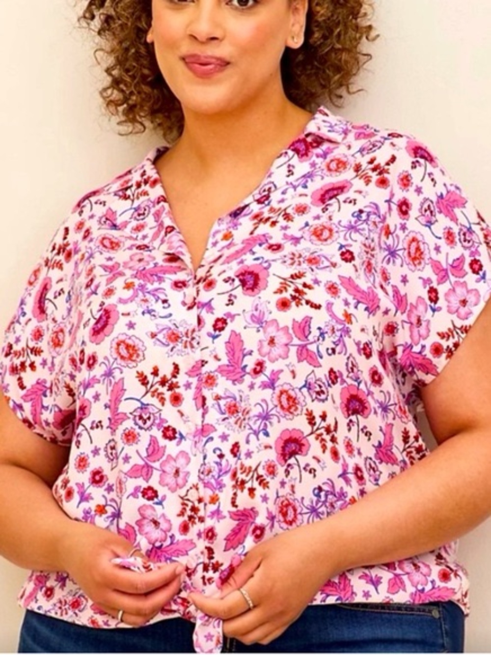 Torrid Pink Floral Tie Front Button Challis Short Sleeve Top Blouse 2